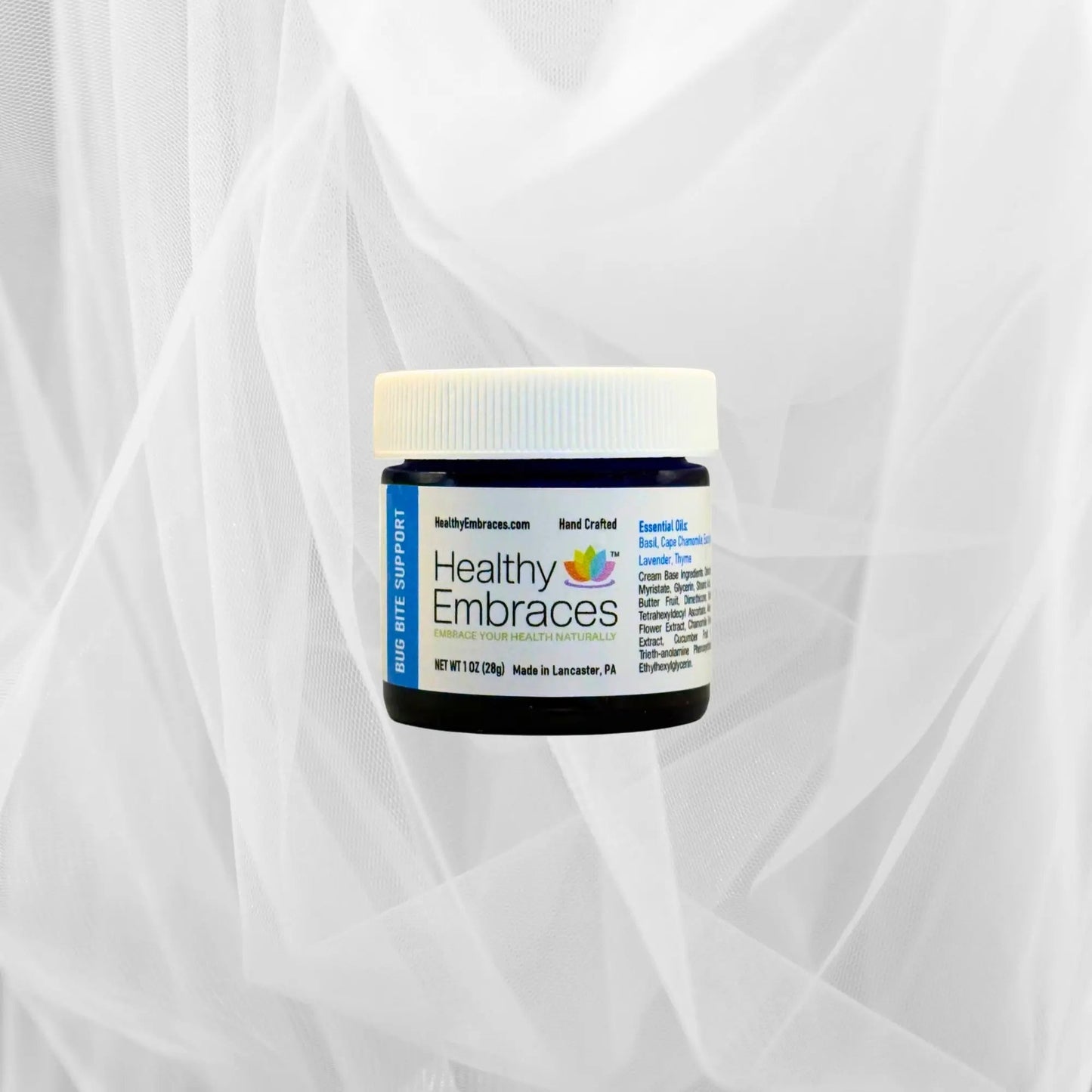 Healthy Embraces Bug Bite Support Cream tube with labeling, designed to soothe and reduce itching from insect bites.