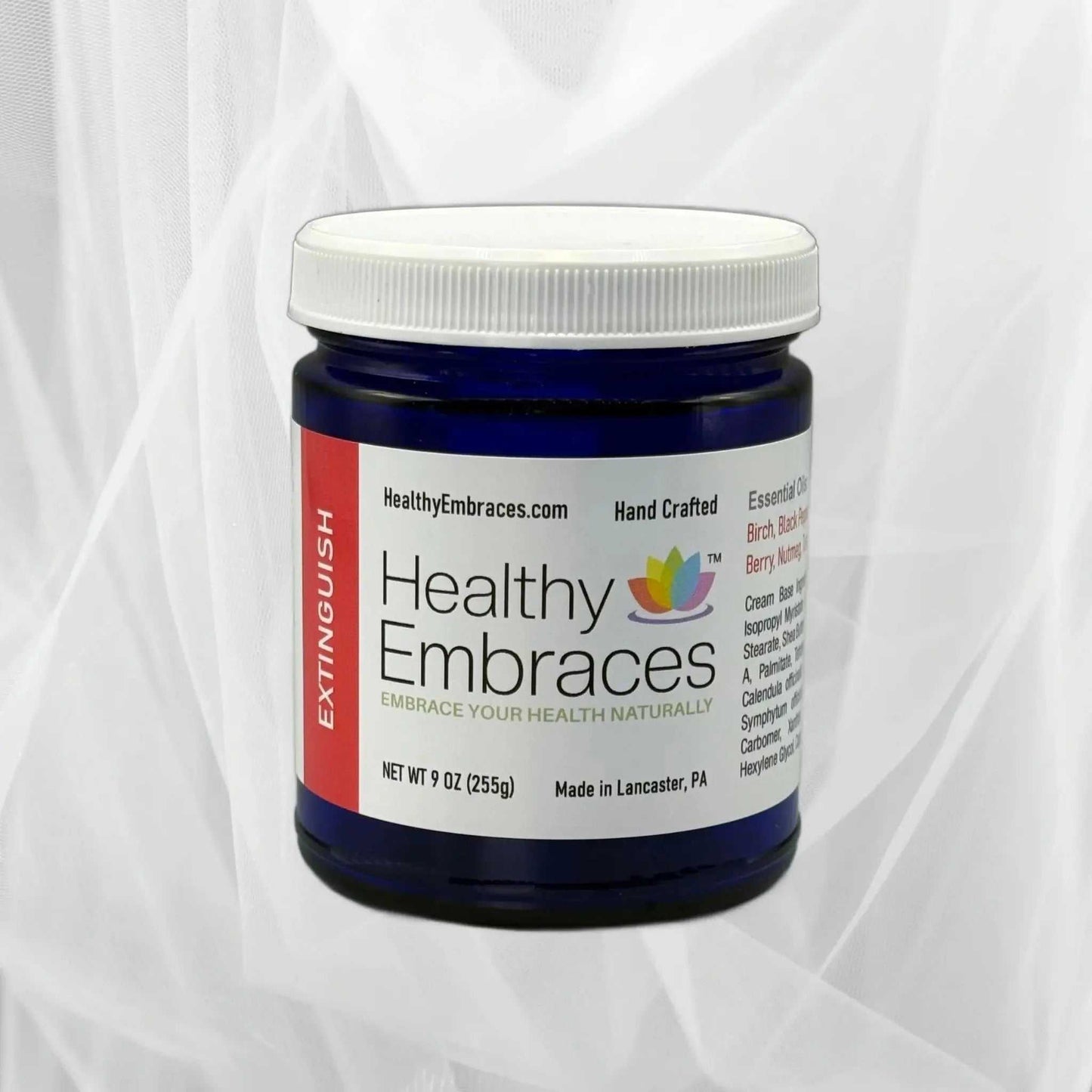 Healthy Embraces Extinguish Cooling Comfort Cream in a jar, smooth cream with cooling relief for skin comfort and soothing effects.
