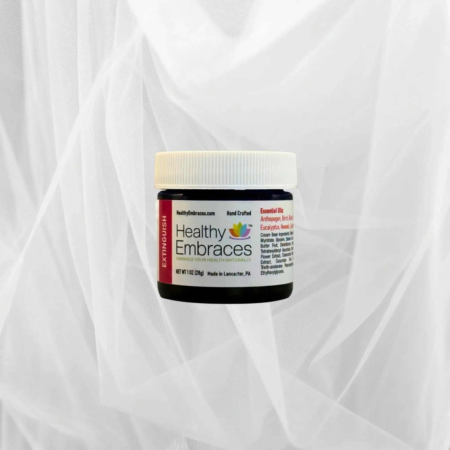 Healthy Embraces Extinguish Cooling Comfort Cream in a white jar, showing its soothing and refreshing cream texture.