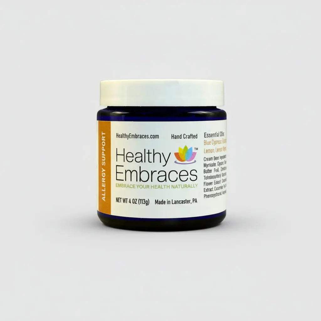 Healthy Embraces Allergy Support Cream in a 4oz jar, showing the cream's smooth texture and label on the container.
