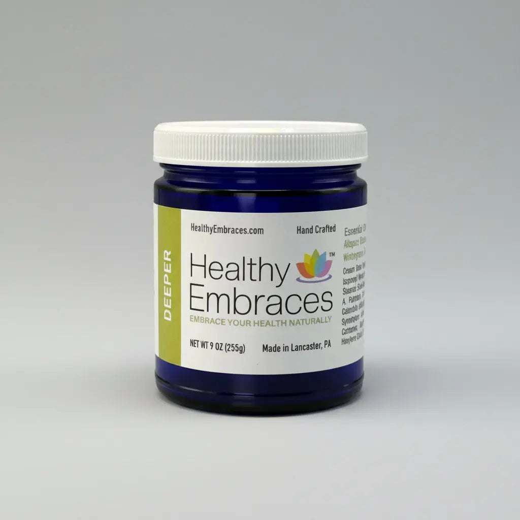 Healthy Embraces Deeper Muscle Comfort Cream jar showing a 4oz container of soothing muscle relief cream.