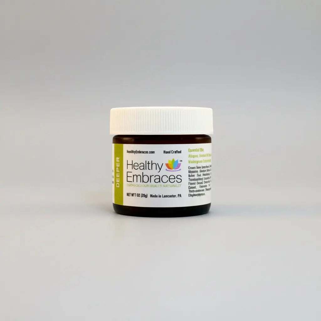 Healthy Embraces Deeper Muscle Comfort Cream in a 4oz jar, showing the creamy texture and label on the container.
