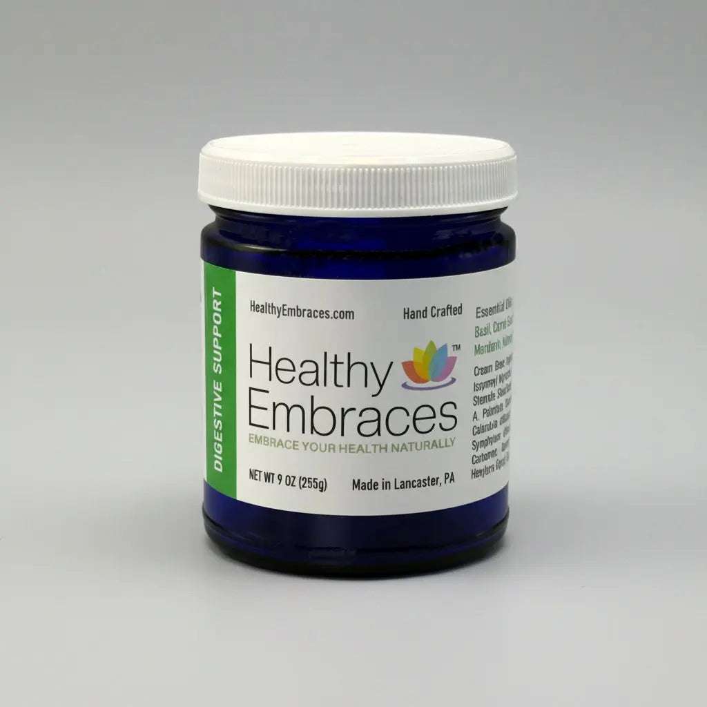 Healthy Embraces Digestive Support Cream in a 4oz container, showing the creamy texture and label on the jar.