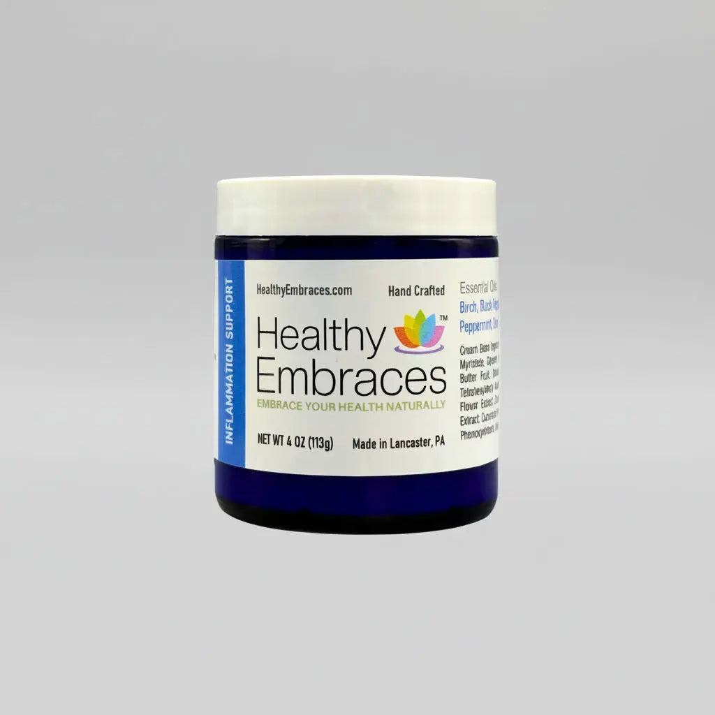 Healthy Embraces inflammation support cream in a 4oz jar, showing cooling, soothing cream for relief and comfort.