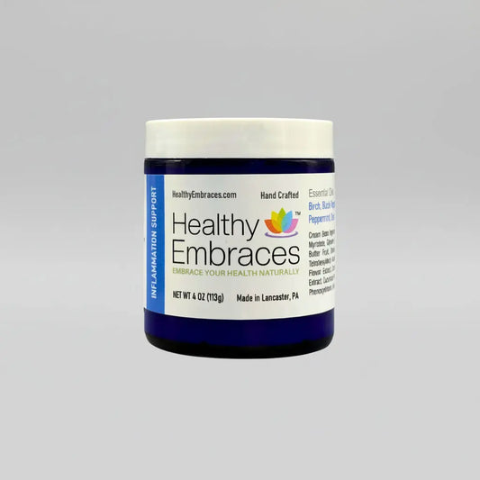Healthy Embraces inflammation support cream in a 4oz jar, showing cooling, soothing cream for relief and comfort.