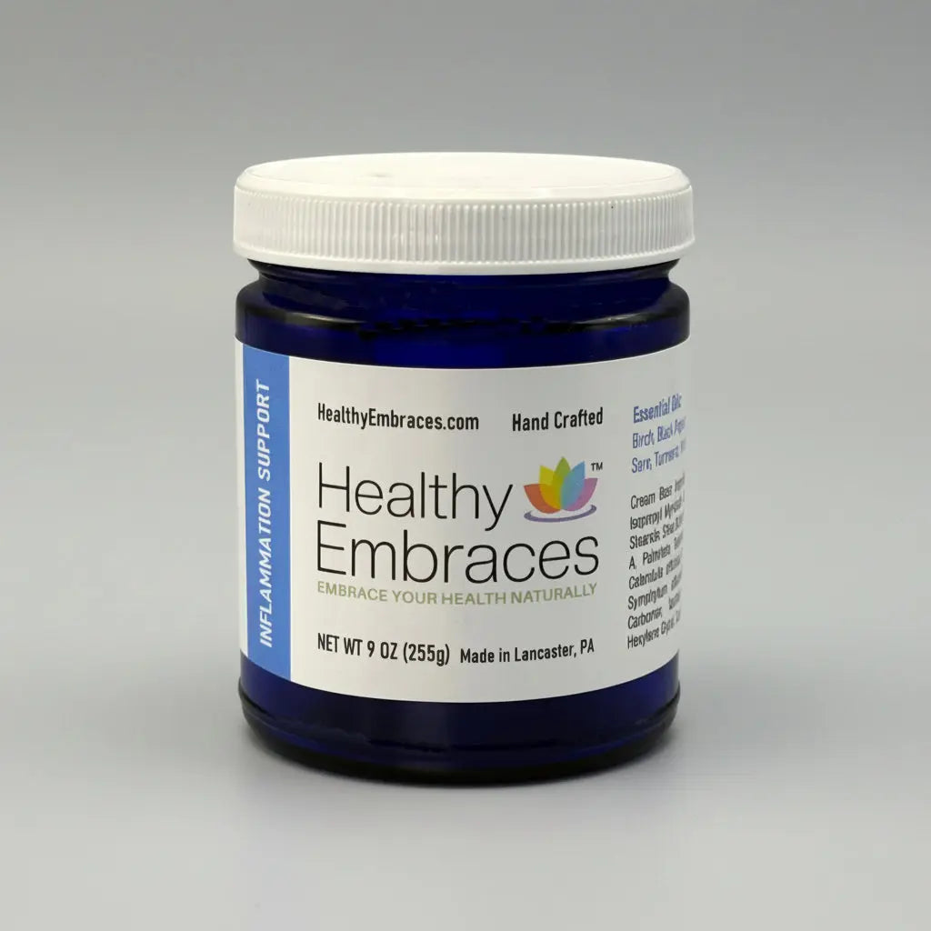 Healthy Embraces inflammation support cream in a 4oz jar, featuring cooling and soothing properties for comfort and relief.