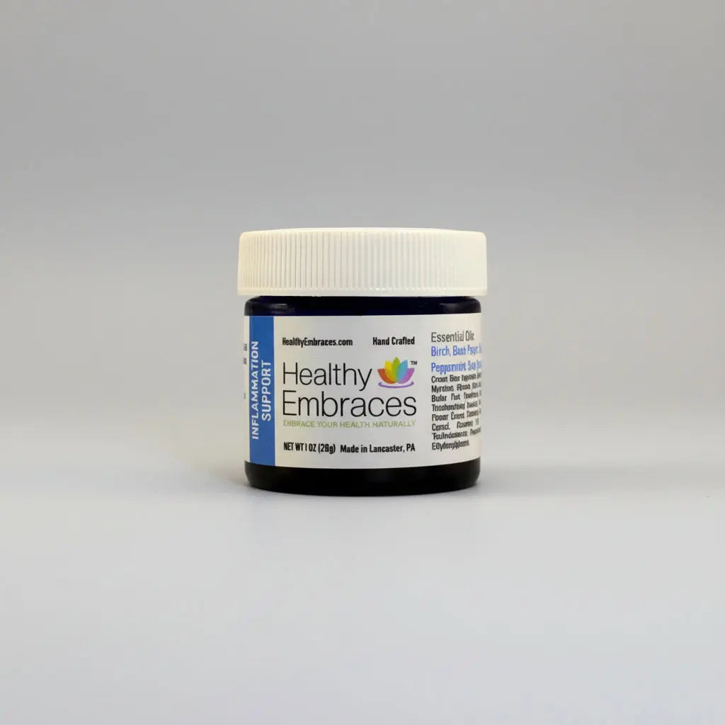 Healthy Embraces inflammation support cream in a 4oz container, featuring cooling and soothing properties for comfort and relief.