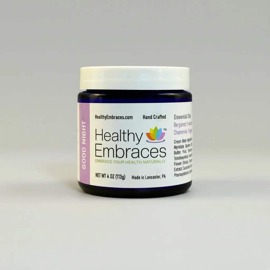 Healthy Embraces Good Night Cream in a 4oz jar, creamy skincare product with a smooth texture for nighttime use.