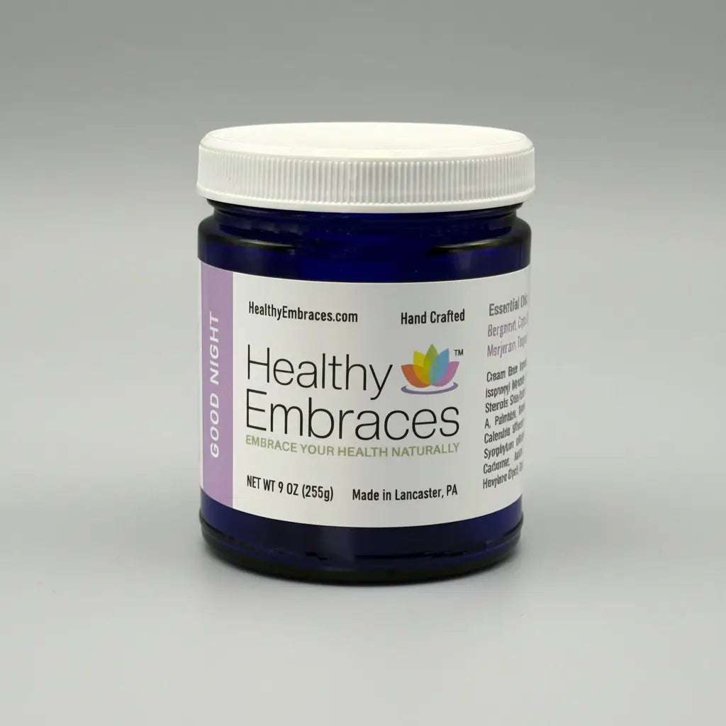 Healthy Embraces Good Night Cream in a 4oz jar, creamy moisturizer with a smooth texture, ideal for nighttime skincare.
