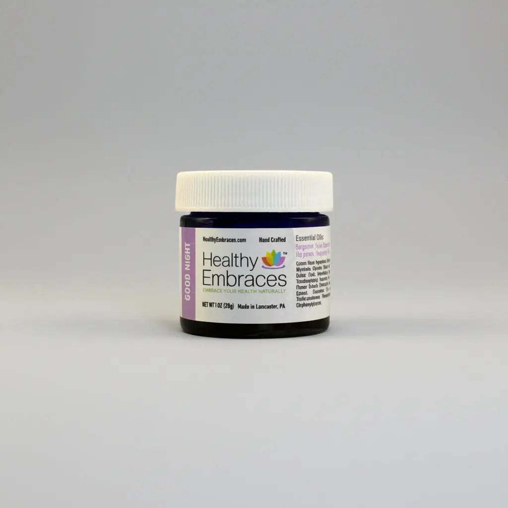Healthy Embraces Good Night Cream in a 4oz jar, creamy moisturizer with a smooth texture for nighttime skincare.