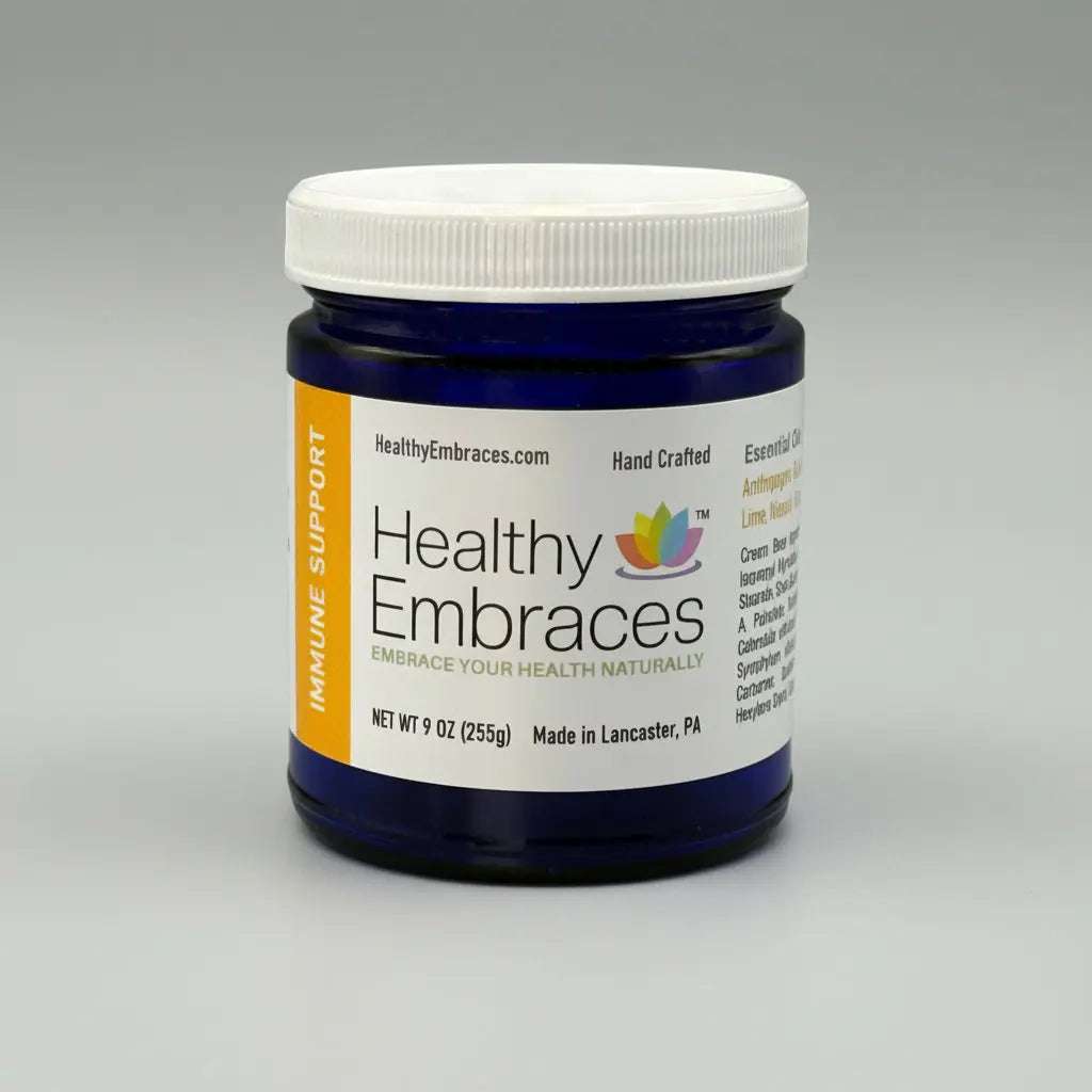 Healthy Embraces 4oz immune support cream jar with a white label and silver lid, designed for immune health support.