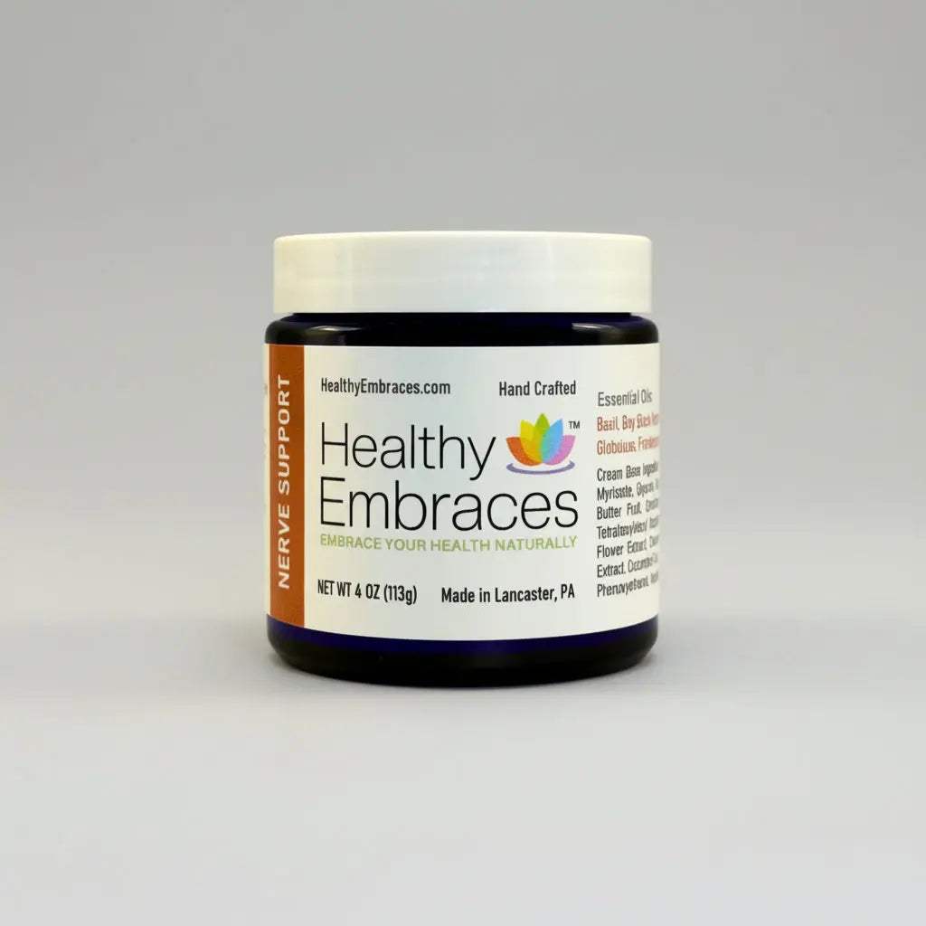 Healthy Embraces Nerve Support Cream in a 4oz jar, featuring a smooth cream texture for nerve health support.