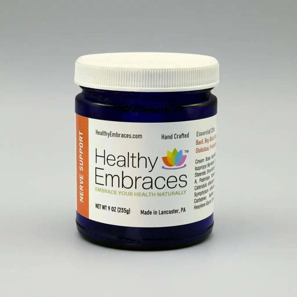 Healthy Embraces Nerve Support Cream in a 4oz jar, showcasing the creamy texture and label on the container.