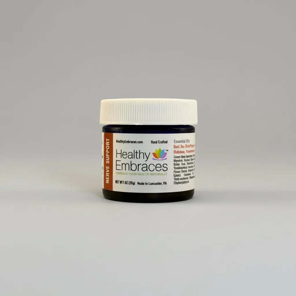 Healthy Embraces Nerve Support Cream in a 4oz jar, showing the creamy texture and label on the product container.
