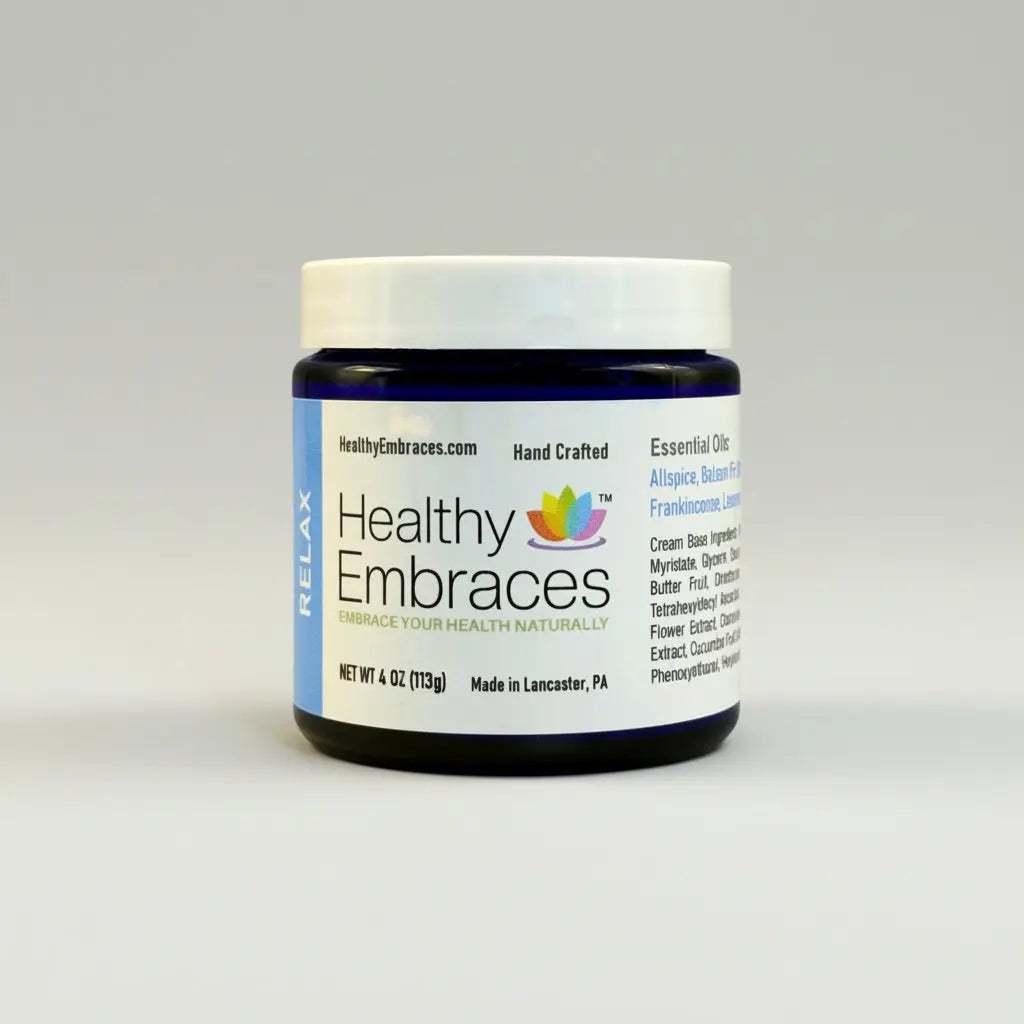 Healthy Embraces Relax Cream in a 4oz jar, soothing cream with a calming texture for relaxation and skin comfort.