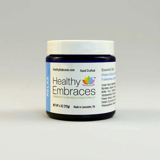 Healthy Embraces Relax Cream in a 4oz jar, soothing cream with a calming texture for relaxation and skin comfort.