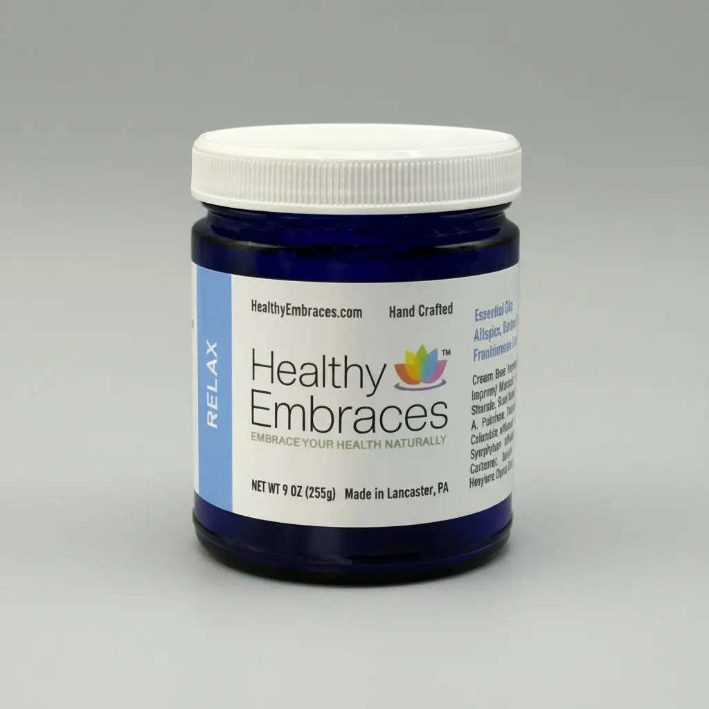 Healthy Embraces Relax Cream in a 4oz jar, soothing cream with a calm, relaxing texture and natural ingredients.