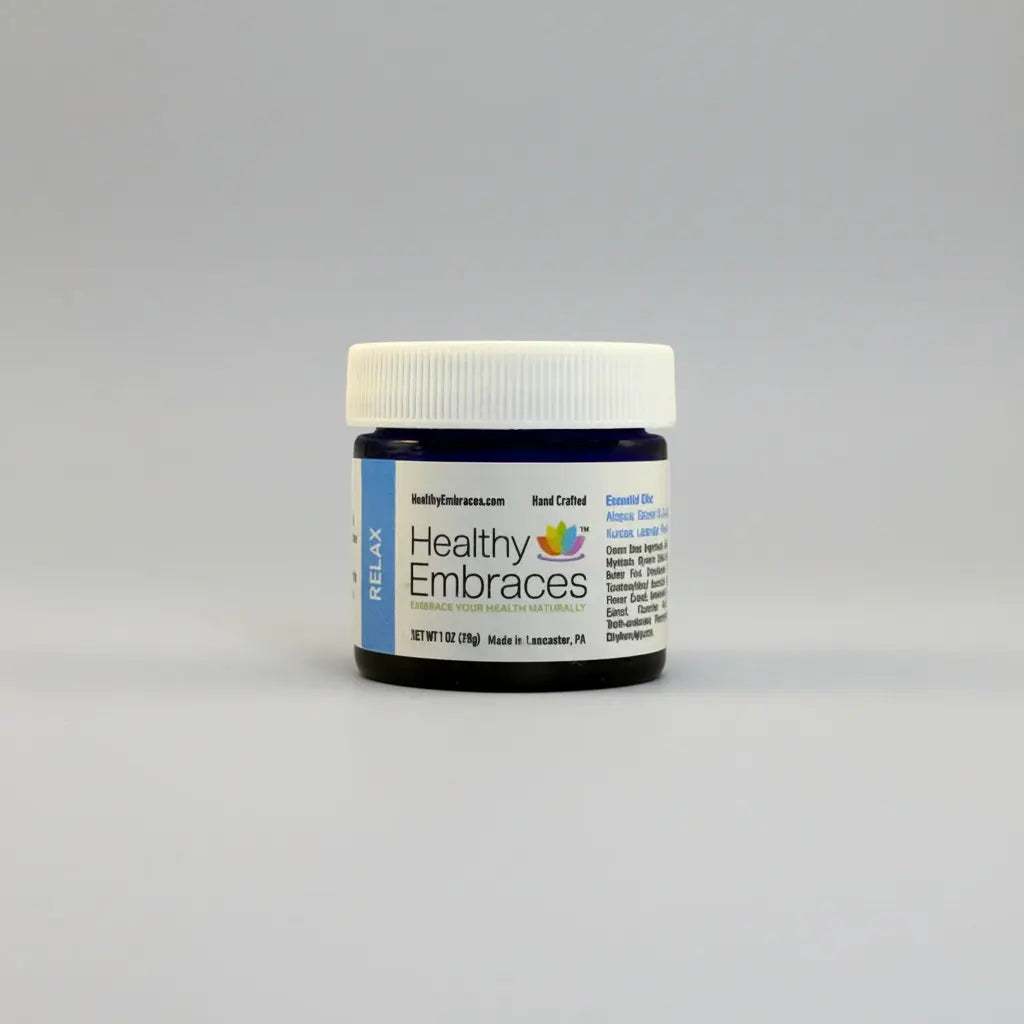 Healthy Embraces Relax Cream in a 4oz jar, showing a smooth, creamy texture ideal for relaxing skin.