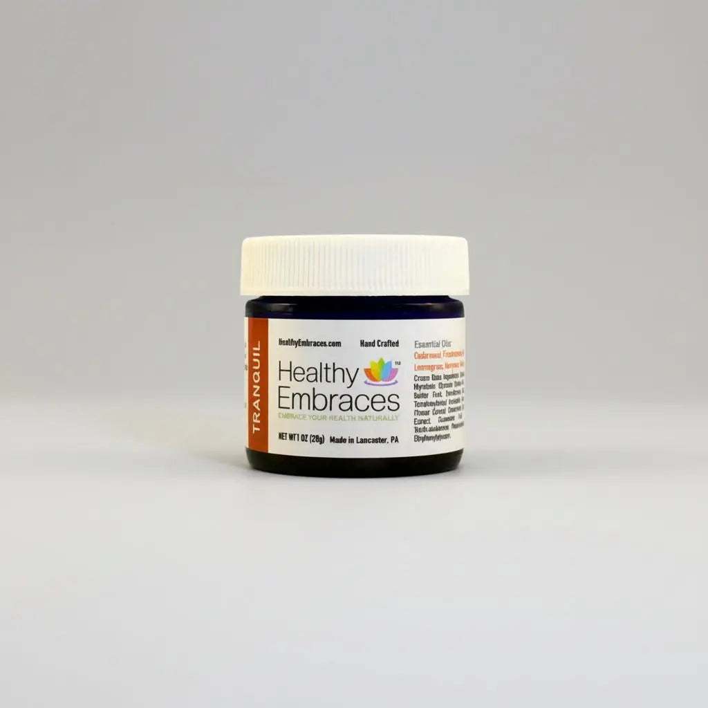 Healthy Embraces Tranquil Stress Support Cream in a 4oz jar, smooth cream with calming ingredients, designed to promote relaxation.