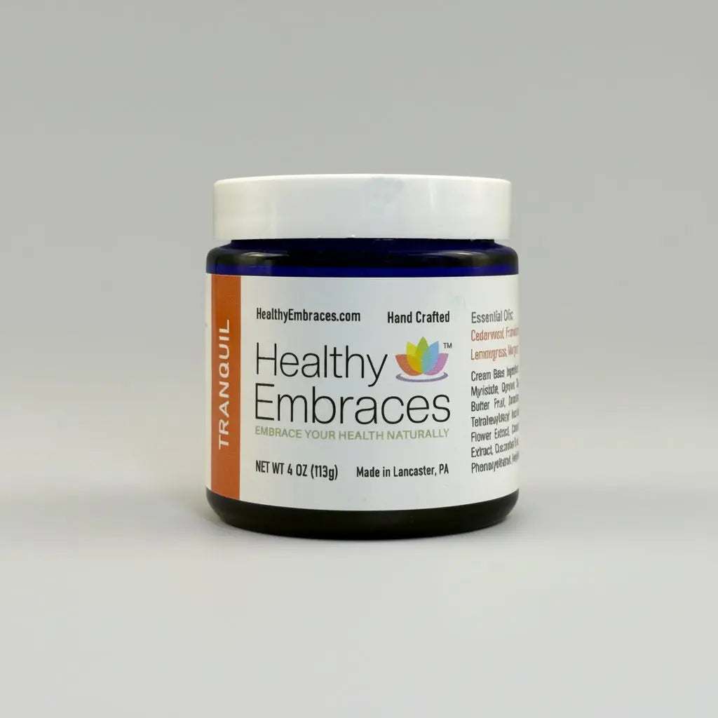 Healthy Embraces Tranquil Stress Support Cream in a 4oz jar, smooth cream with calming ingredients for relaxation.