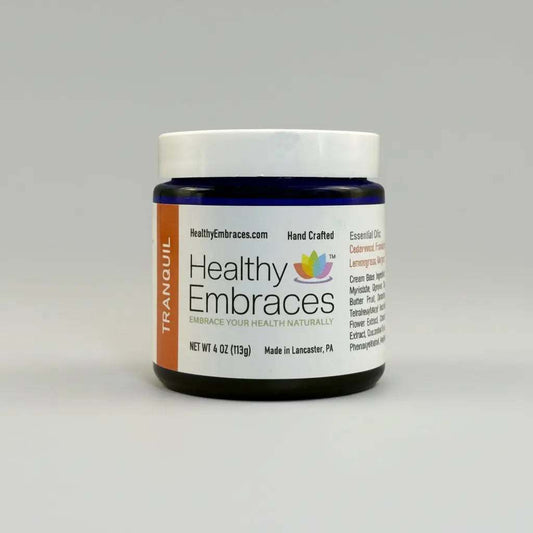 Healthy Embraces Tranquil Stress Support Cream in a 4oz jar, smooth cream with calming ingredients for relaxation.