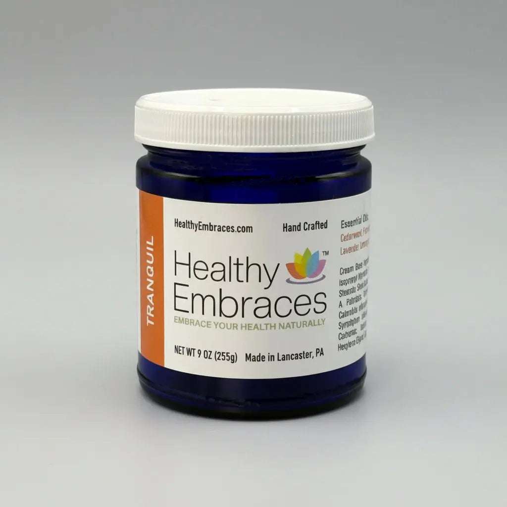 Healthy Embraces Tranquil Stress Support Cream in a 4oz jar, showing the soothing cream texture and calming label design.