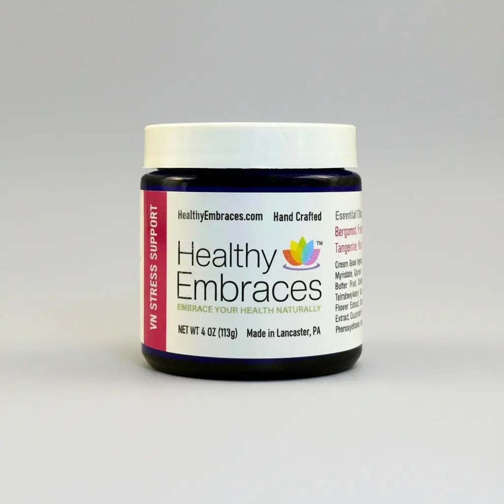 Healthy Embraces Vagus Nerve Stress Support Cream in a 4oz jar, showing the creamy texture and label on the product.
