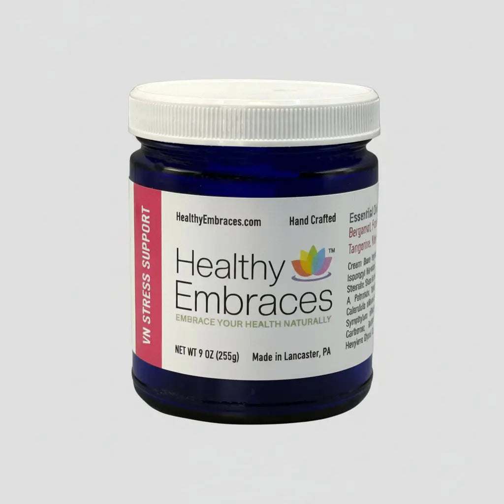 Healthy Embraces Vagus Nerve Stress Support Cream in a 4oz jar, featuring a smooth cream texture for relaxation and nerve support