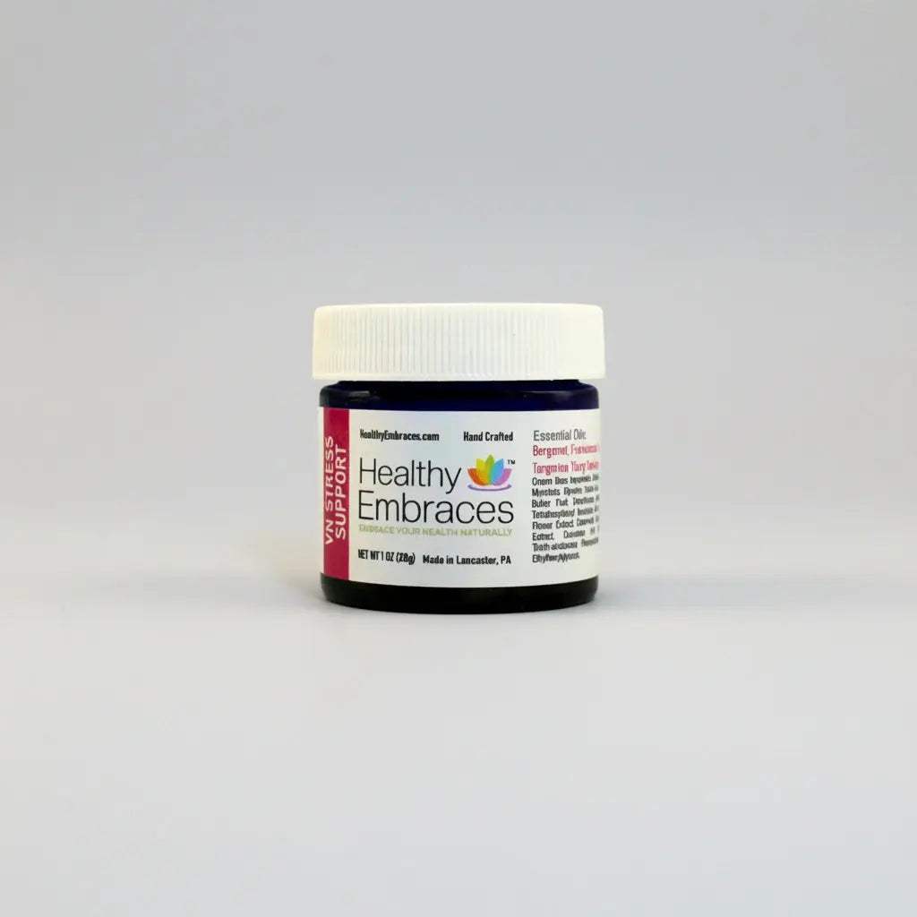 Healthy Embraces Vagus Nerve Stress Support Cream in a 4oz jar, showing the cream's smooth texture and calming packaging.
