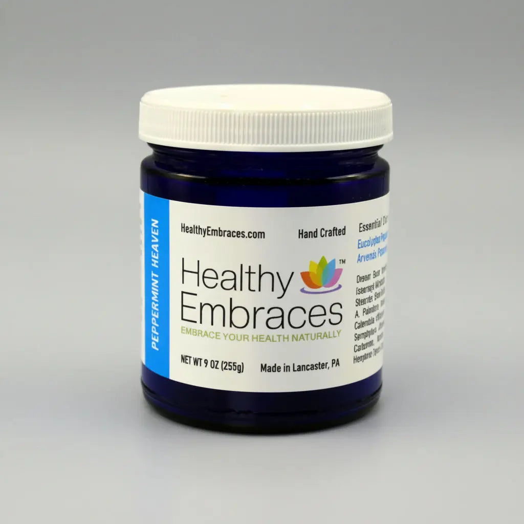 Healthy Embraces Peppermint Heaven Cream in a 4oz jar, smooth lotion with peppermint scent and soothing cream texture.