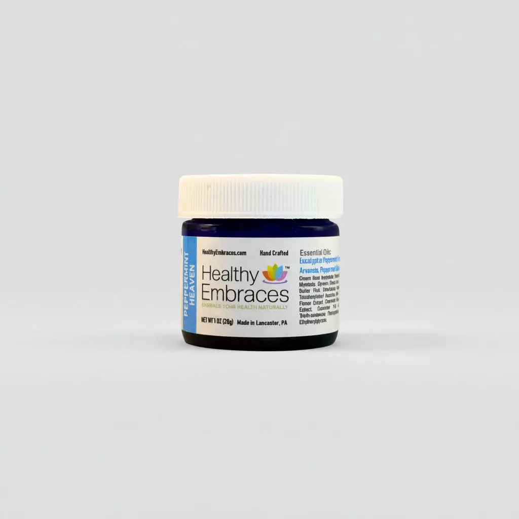 Healthy Embraces Peppermint Heaven Cream in a 4oz lotion jar, showing the soothing peppermint-infused skincare product.