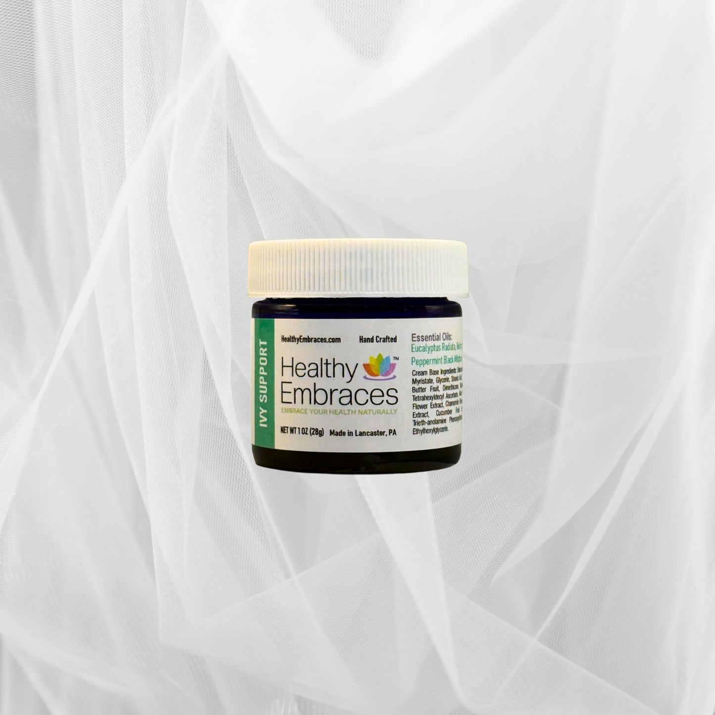 Healthy Embraces Ivy Support Cream in a jar, showcasing the nourishing cream with ivy extract for skin support and hydration.