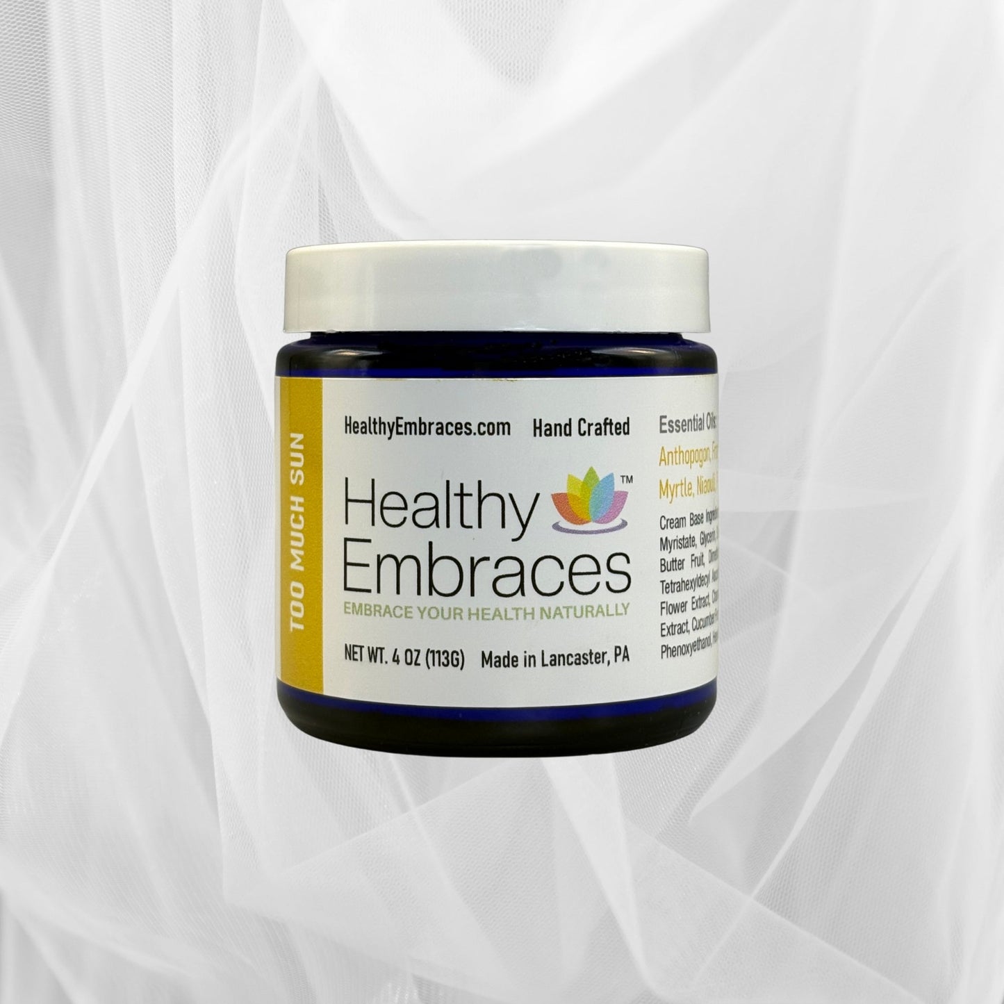 Healthy Embraces Too Much Sun Cream in a jar, creamy sunscreen product with SPF, suitable for sun protection and skincare.